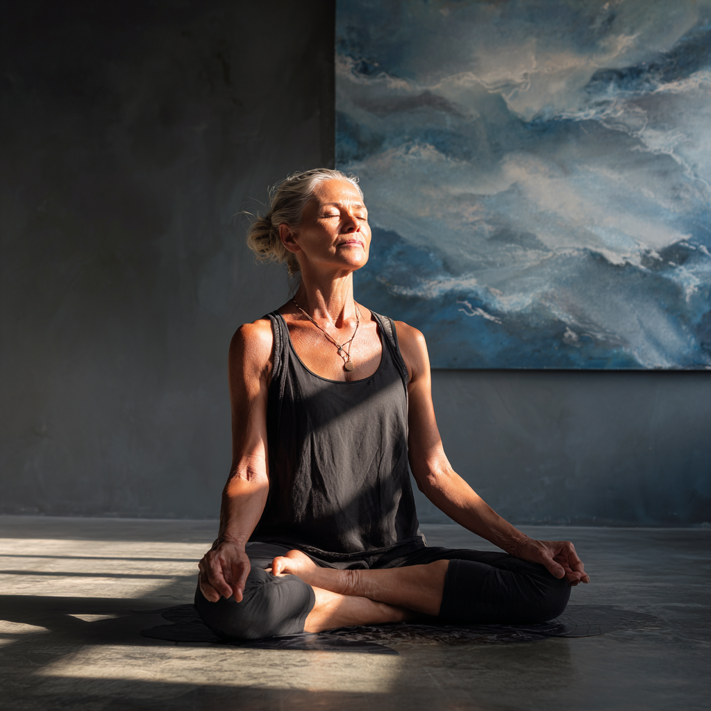 50 years old woman practicing gentle yoga poses in serene studio setting