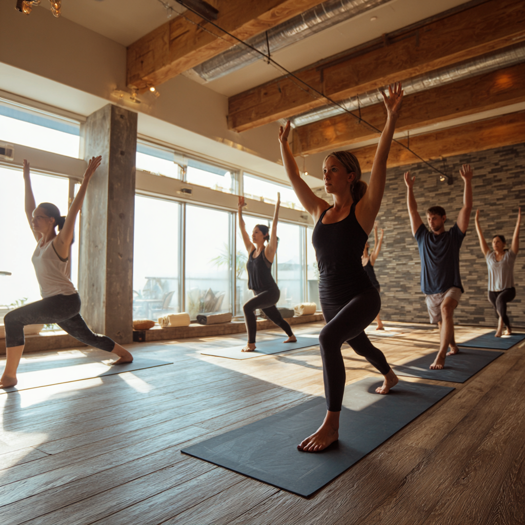 spacious yoga studio with natural lighting and 51 years old practitioners in peaceful poses